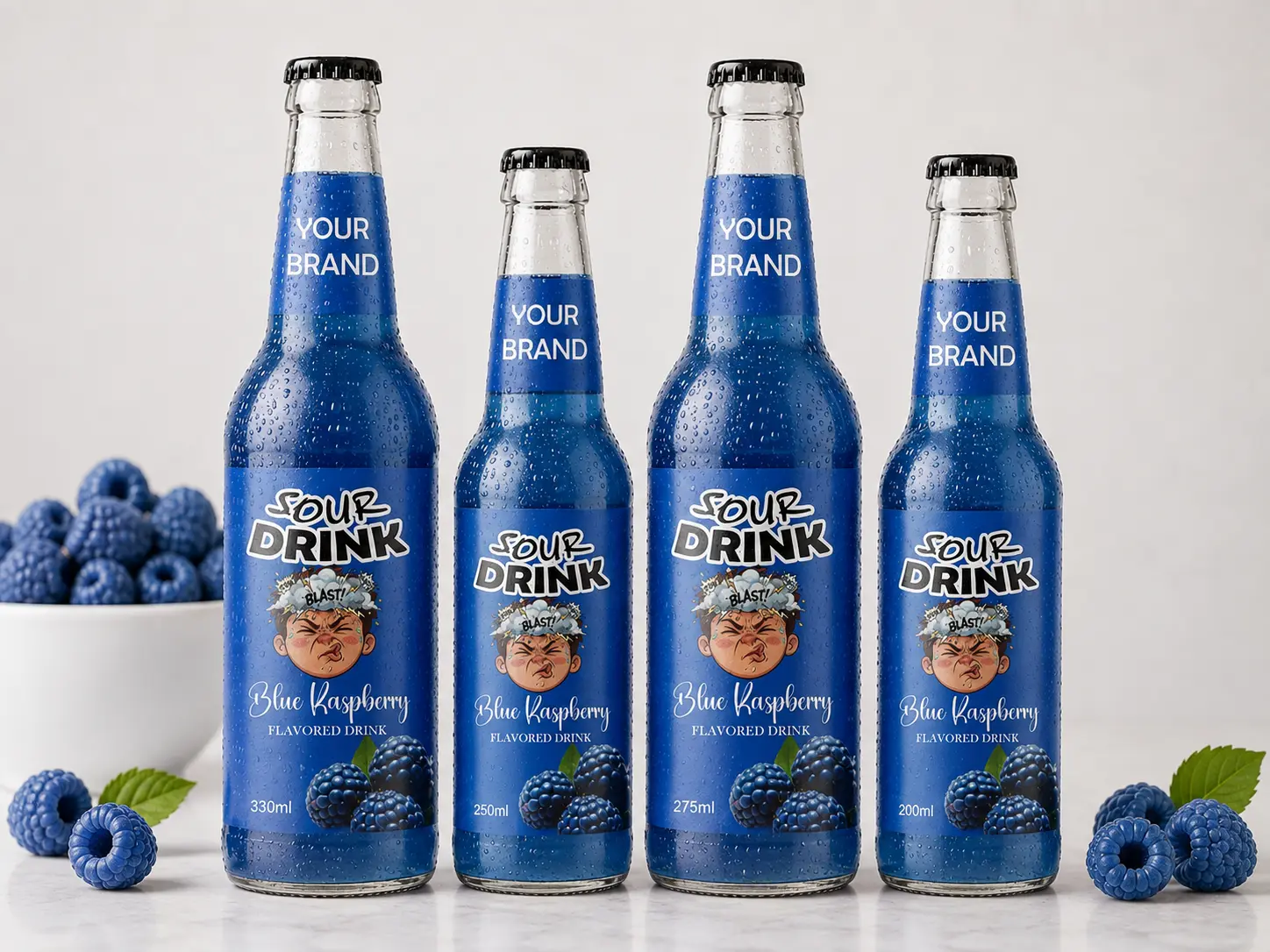 SOUR DRINK Blue Raspberry Flavored Drink in 330ml, 250ml, 275ml, and 200ml glass bottles.